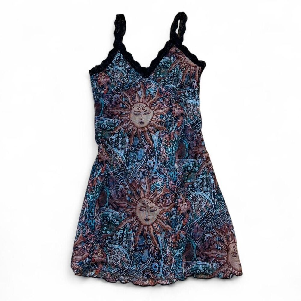 celestial sun and moon patterned lace trim dress